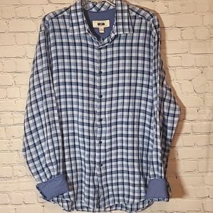 Men's Modern Linen Blue White Plaid Flip Cuff Long Sleeve Button Shirt Size XL